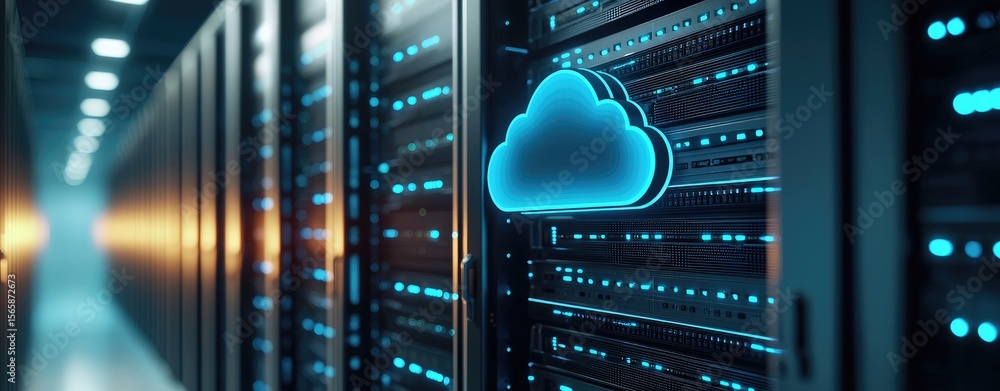 Poster 3D cloud icon illuminated on server rack in futuristic data center hallway, symbolizing cloud computing, data storage, and network infrastructure solutions for digital business