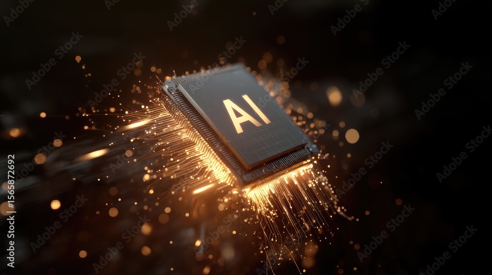 Poster Futuristic AI microchip glowing with sparks and data lines on dark background, representing artificial intelligence, processing power, and high-tech innovation systems