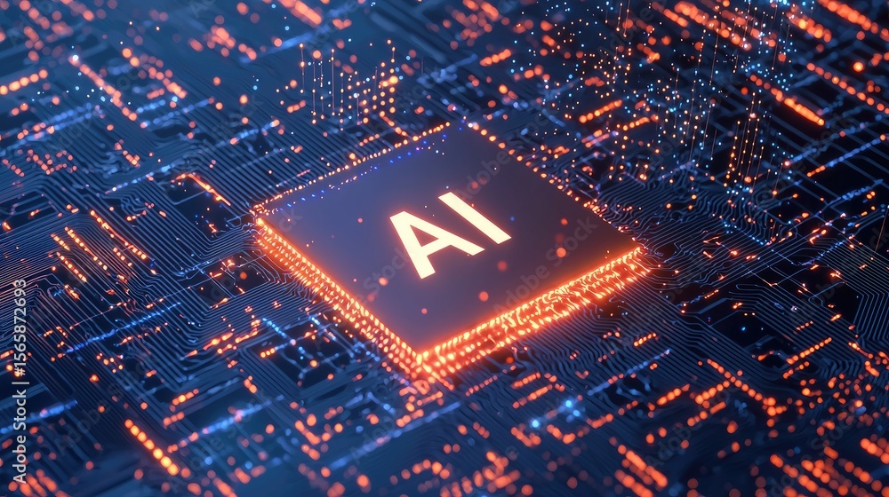 Poster Glowing AI microchip embedded in complex circuit board with neon lights, symbolizing artificial intelligence, digital processing, and futuristic computing systems