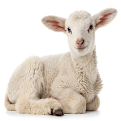 Fototapeta premium A fluffy white lamb lying down with its ears perked up on a plain white background in a studio shot