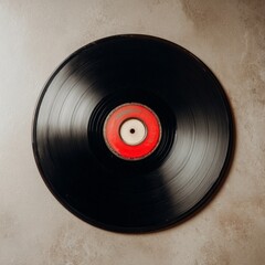Obraz premium Classic vinyl record on a neutral surface, a timeless symbol of music and nostalgia. 