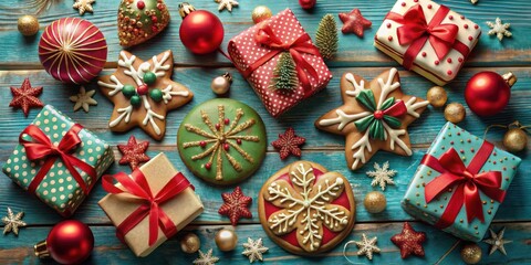 Naklejka premium Festive Holiday Treats and Gifts on Wooden Surface