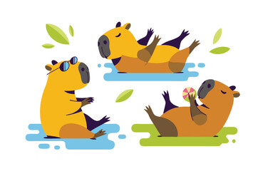 Obraz premium Cartoon Capybaras Chilling Sunglasses, Water, Ball, Leaves, Relaxed, Illustration, Flat Design