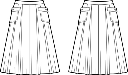 Pleated midi skirt with flap pockets front and back flat sketch, fashion cad drawing, vector template for women garment design