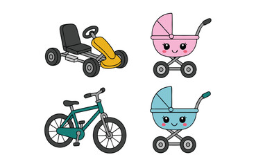 Cartoon Pedal Car, Bicycle, and Cute Pink and Blue Baby Strollers on White