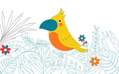 Fototapeta premium Cartoon Yellow Cockatoo Surrounded by Teal Outlined Plants and Flowers on White Background
