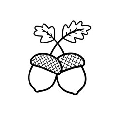 Simple black icon of two acorns with leaves symbolizing harvest, autumn, or forest-related design.