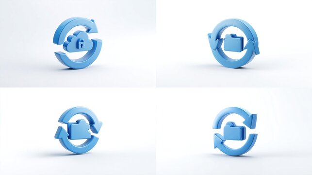 Four views of a blue circular arrow design around a briefcase/cloud icon, on a white background