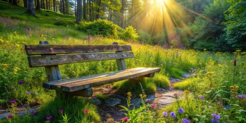Serene wooden bench nestled in a sun-drenched meadow, surrounded by wildflowers and tall grasses, bathed in golden sunlight