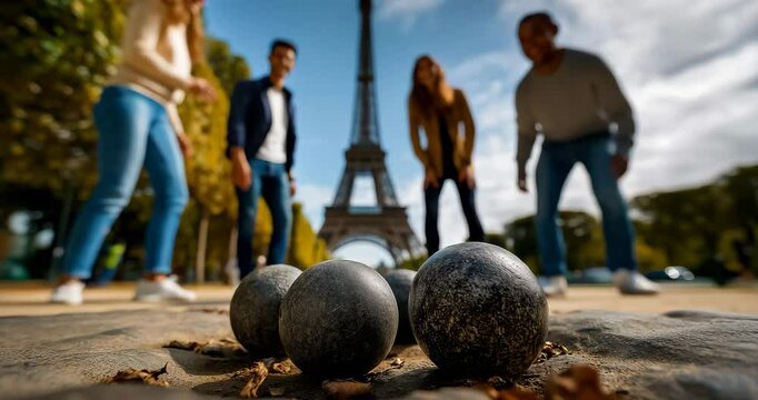 Friends Play P�tanque in Park