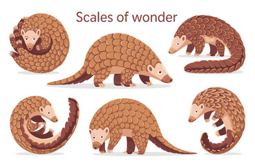 Illustration of Six Brown Scaled Pangolins in Various Poses Isolated on White Background