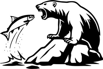 vector line art illustration of polar bear and fish facing each other, isolated on white