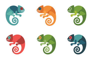 Six Flat Design Chameleons in Blue, Orange, Green, and Red with Curled Tails on White