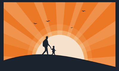 Fototapeta premium Flat vector design of a father and child walking against the rising sun. Ideal for minimalist greeting cards, children’s books, emotional posters, and parenting blog visuals