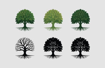 Fototapeta premium Six Stylized Trees with Varying Color Palettes and Silhouettes, Against a Neutral Background