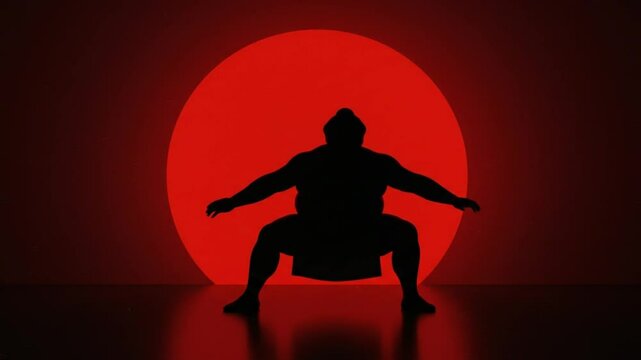 Sumo Silhouette Under Red Circle: The imposing silhouette of a sumo wrestler poses beneath a vivid red circle, creating a striking visual of strength, discipline, and cultural heritage.