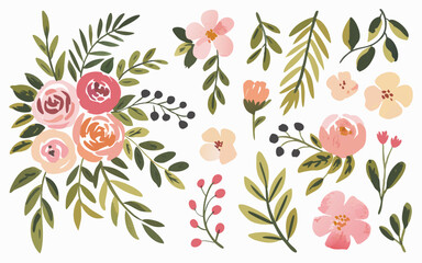Watercolor Floral Arrangement Roses, Berries, Leaves, and Other Decorative Elements on White Background