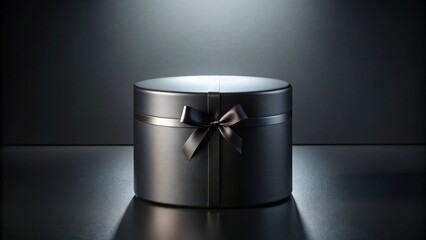 A cylindrical dark gray gift box with a black ribbon and bow sits on a dark surface illuminated by a soft light