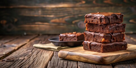 A Stack of Four Decadent Chocolate Brownies with a Rich Ganache Glaze on a Rustic Wooden Board