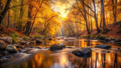 Serene autumnal stream reflecting golden sunlight through vibrant foliage