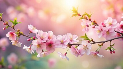 Delicate Pink Blossoms on a Branch in Soft Sunlight