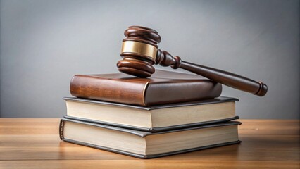 Gavel resting on a stack of law books on a wooden table