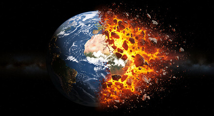 Exploding Earth Showing Fiery Core and Fragmentation in Space