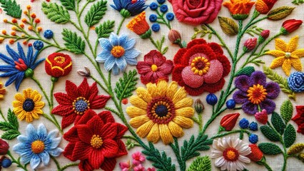 Vibrant Floral Embroidery A Detailed Close-Up of a Hand-Stitched Textile Artwork Featuring a Lush Arrangement of Colorful Flowers and Greenery