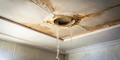 Water Damage Ceiling Repair Needed Leaking Fixture and Brown Stains