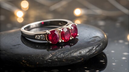 Close-up of triple ruby stones reflecting soft light on onyx&mdash;rich color and refined luxury for premium ring advertising.