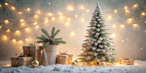 Festive Winter Scene with Decorated Tree and Gifts
