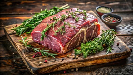 Raw beef roast prepared with fresh herbs and spices on a rustic wooden board