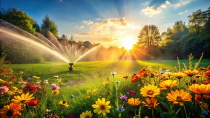 Vibrant Sunset Illuminates a Lush Garden Sprinkler System Watering Colorful Flowers and Green Grass