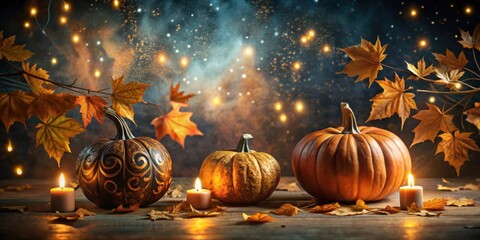 Autumnal Still Life with Decorated Pumpkins and Candles