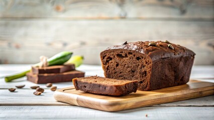 Delicious Homemade Chocolate Loaf Cake with Seeds, Sliced and Ready to Serve on Wooden Board