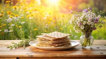 Rustic outdoor setting with a stack of crackers on a plate and a vase of wildflowers on a wooden table, bathed in sunlight.