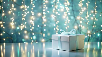 A single elegantly wrapped present sits on a reflective surface against a backdrop of shimmering lights.