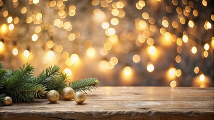 Rustic Wooden Table with Evergreen Boughs and Gold Ornaments Against a Warm, Festive Bokeh Background