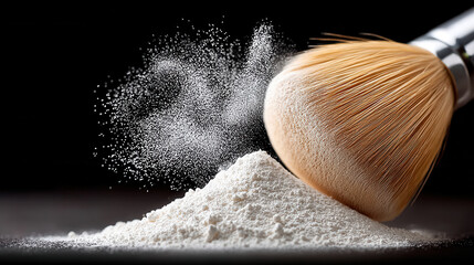 Textured Powder Product Organic Art Smear concept. Closeup of makeup brush sweeping loose translucent powder in air on black background