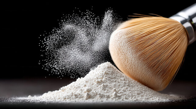 Textured Powder Product Organic Art Smear concept. Closeup of makeup brush sweeping loose translucent powder in air on black background