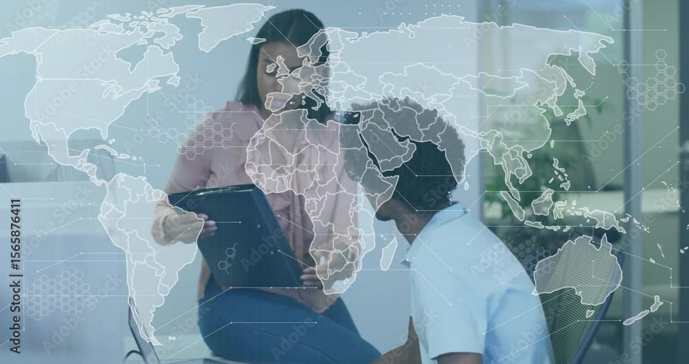 Poster woman tapping tablet sparking pulsing world map while vr coworker viewing business data charts