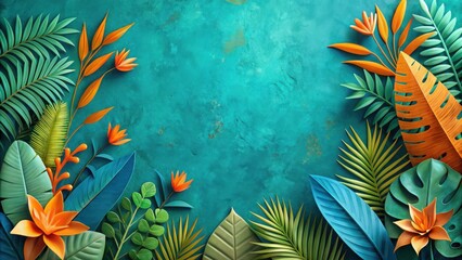 Vibrant Tropical Foliage Arranged on a Teal Background A Summer Design Concept