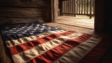 An American flag lies reverently on the worn wooden porch symbolizing heritage and respect in a nostalgic patriotic