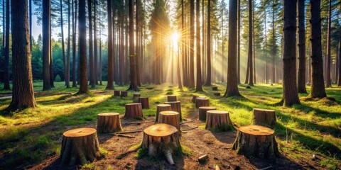 Serene Sunrise in a Pine Forest with a Path of Tree Stumps