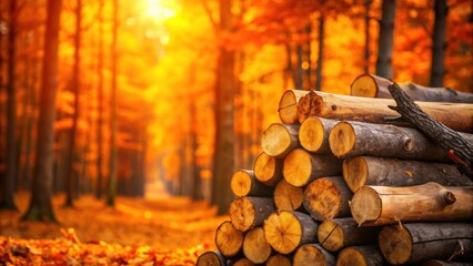 Autumnal Forest Lumber Stack  A picturesque pile of neatly stacked logs rests in a sun-drenched autumn forest, showcasing the vibrant colors of the season.