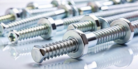 Close-up view of metallic threaded fasteners and their corresponding nuts, arranged in a shallow depth of field for emphasis