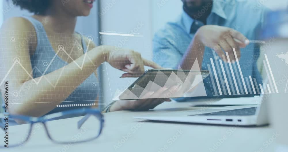 Poster business analysts swiping tablet and pointing stylus animating graph into bar charts with world map