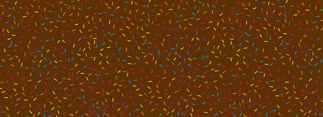 Colorful donut sprinkles seamless pattern. Chocolate candy cream background. Cake glaze icing overlay for decorative banner, poster, template. Cupcake or ice cream topping texture. Vector wallpaper