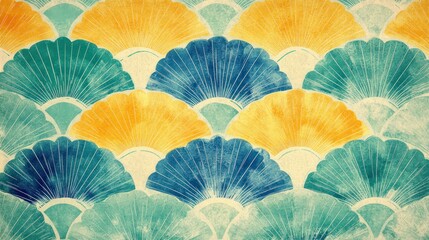 Watercolor fan pattern, teal, gold texture background, design