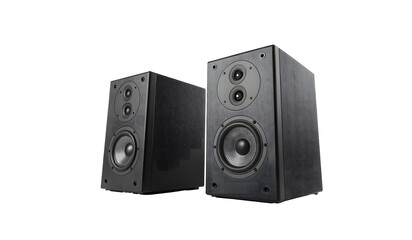 Two modern black bookshelf speakers with dual drivers isolated on transparent background